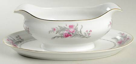 Saratoga (Red & Gray Flowers) Gravy Boat with Attached Underplate