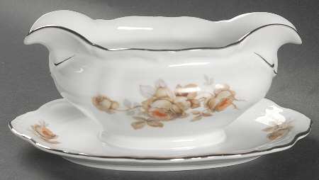 Brown Rose(Platinum Trim) Gravy Boat with Attached Underplate