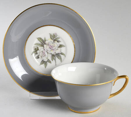 Countess Heirloom Gray (Gold Trim) Footed Cup & Saucer Set