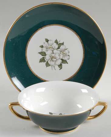 Countess Madison Teal Green Footed Cream Soup Bowl & Saucer Set