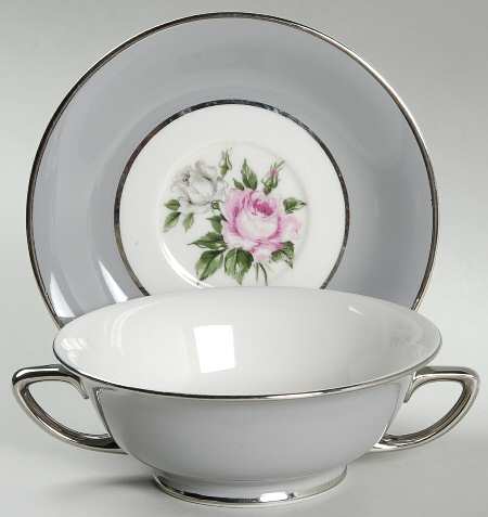 Countess Margaret Rose Gray (Platinum Trim) Footed Cream Soup Bowl & Saucer Set