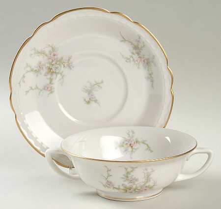 Sandra (Gold Trim) Footed Cream Soup Bowl & Saucer Set