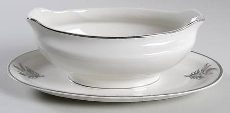 Silver Wheat White Gravy Boat with Attached Underplate