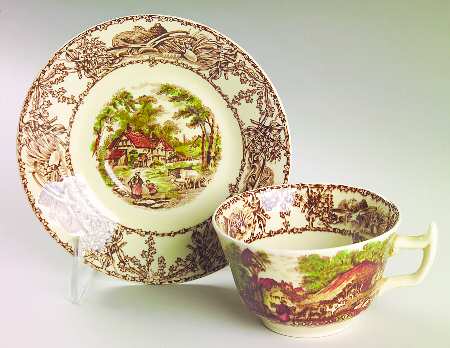 Rural Scenes Brown Multicolor Flat Cup & Saucer Set