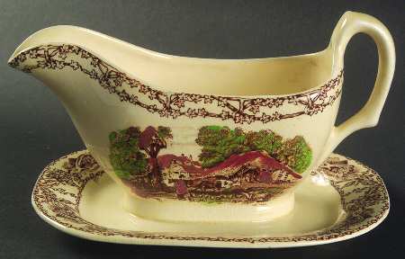 Rural Scenes Brown Multicolor Gravy Boat with Attached Underplate