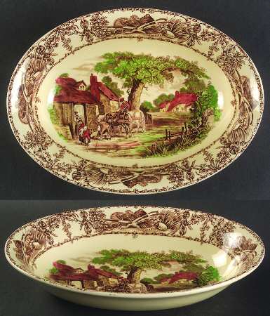 Rural Scenes Brown Multicolor 10" Oval Vegetable Bowl