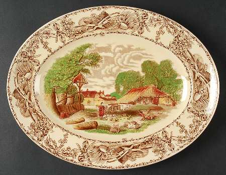 Rural Scenes Brown Multicolor 14" Oval Serving Platter