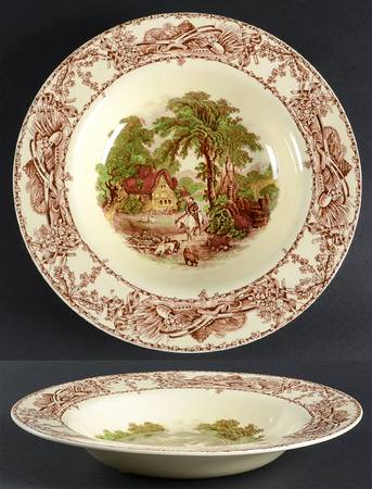 Rural Scenes Brown Multicolor Rim Soup Bowl