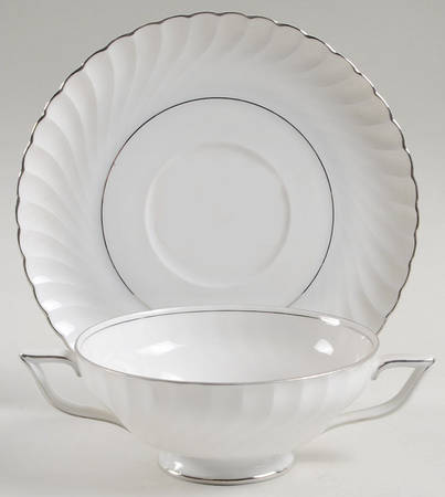 Annette (Platinum Trim) Footed Cream Soup Bowl & Saucer Set