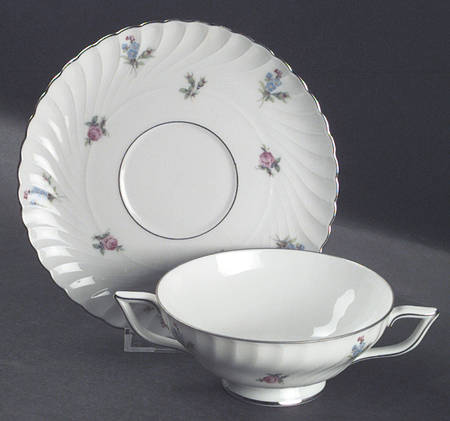 Dresden Flowers (Platinum Trim) Footed Cream Soup Bowl & Saucer Set