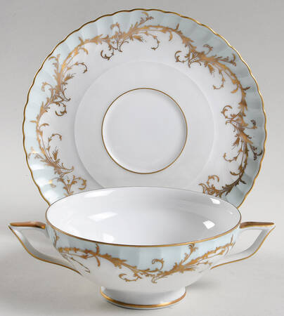 Elegance Blue Green (Gold Trim) Footed Cream Soup Bowl & Saucer Set by Royal Tettau