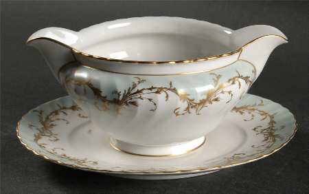Elegance Blue Green (Gold Trim) Gravy Boat with Attached Underplate