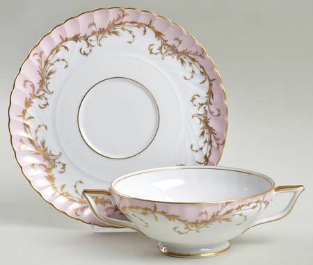 Elegance Rose (Pink, Gold Trim) Footed Cream Soup Bowl & Saucer Set