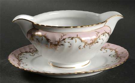 Elegance Rose (Pink, Gold Trim) Round Gravy Boat/Attached Underplate