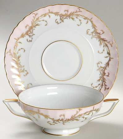 Elegance Rose (Pink, Gold Trim) Footed Cream Soup Bowl & Saucer Set