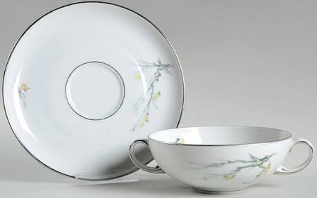 Gray Bark (Platinum Trim) Flat Cream Soup Bowl & Saucer Set