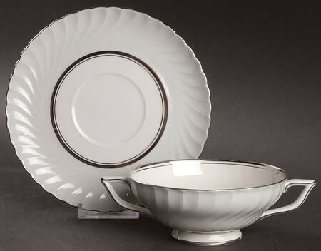 South Wind Grey Green Footed Cream Soup Bowl & Saucer Set