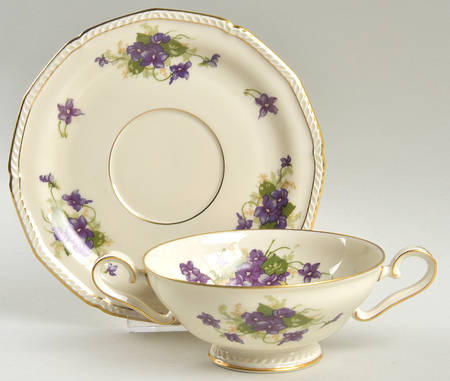 Violet (Gold Trim) Footed Cream Soup Bowl & Saucer Set