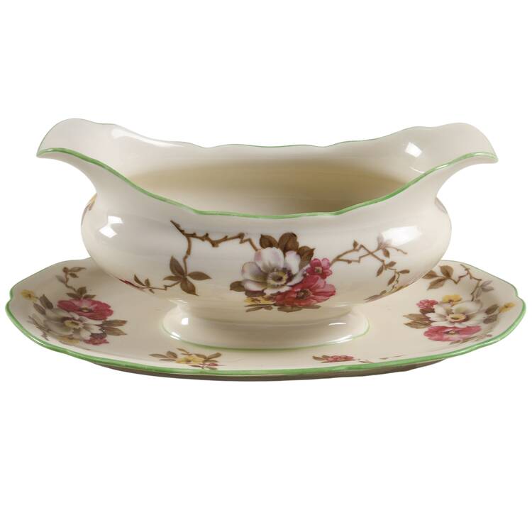 Apple Blossom (Green Trim) Gravy Boat with Attached Underplate