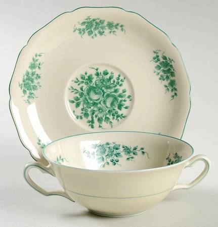 Green Roses Flat Cream Soup Bowl & Saucer Set