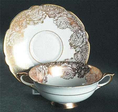 Golden Bouquet Footed Cream Soup Bowl & Saucer Set
