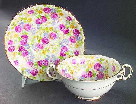 June Roses Footed Cream Soup Bowl & Saucer Set
