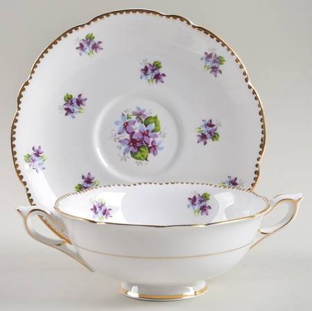 Sweet Violets (Not Embossed, Gold Drops Edge) Footed Cream Soup Bowl & Saucer Set