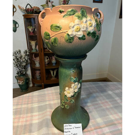 White Rose Pink and Green 8" Jardiniere & Stand