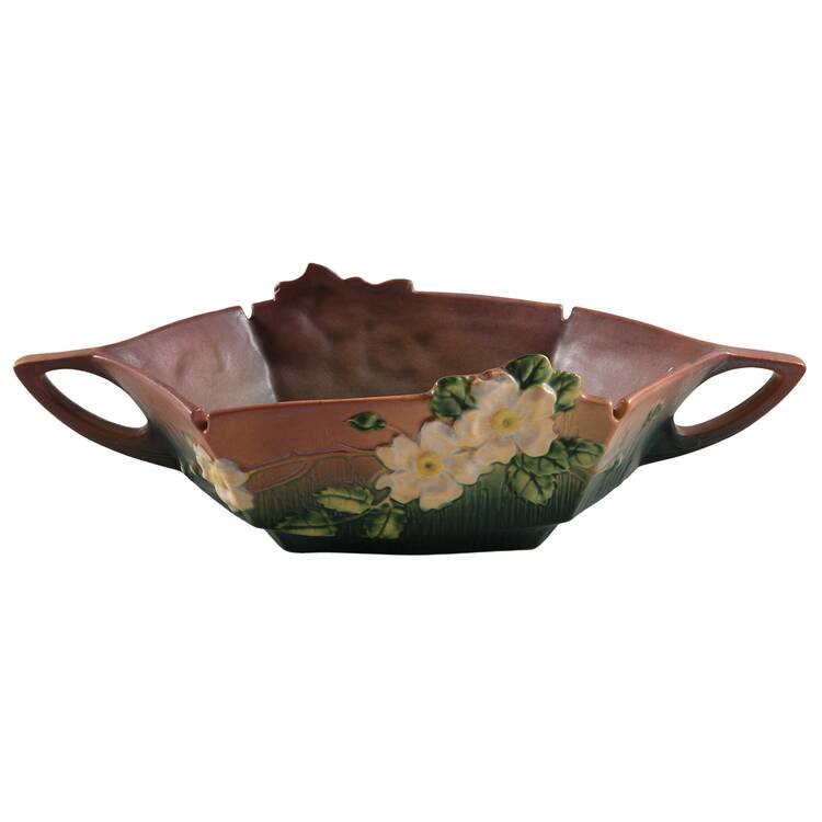 White Rose Pink and Green 12" Oval Handled Bowl