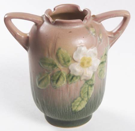 White Rose Pink and Green 6" Handled Vase