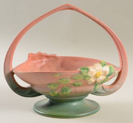 White Rose Pink and Green 8" Handled Basket