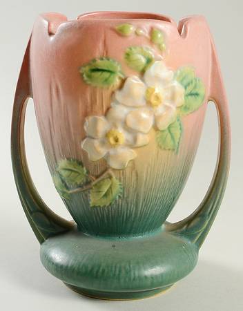 White Rose Pink and Green 7" Handled Vase