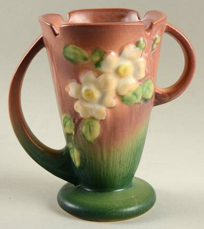 White Rose Pink and Green 7" Handled Vase