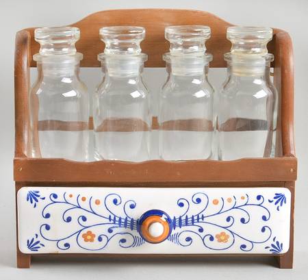 Heritage Spice Set (3 Glass Jars, Wood Rack&Ceramic Drawer)