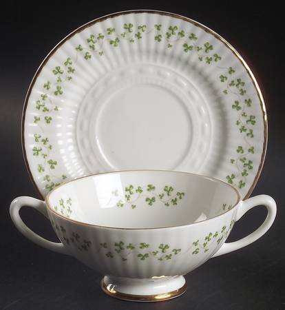 Trellis Shamrock (Ribbed, Fluted) Footed Cream Soup Bowl & Saucer Set