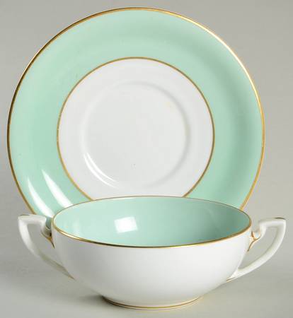 Asprey Pale Green Flat Cream Soup Bowl & Saucer Set