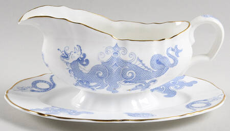 Blue Dragon (Coburg, Semiscalloped) Gravy Boat with Attached Underplate