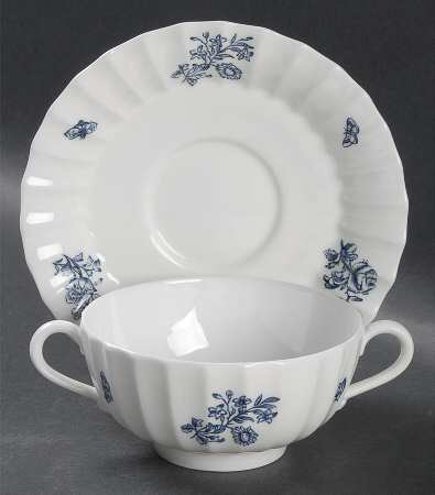 Blue Sprays (Ribbed) Footed Cream Soup Bowl & Saucer Set