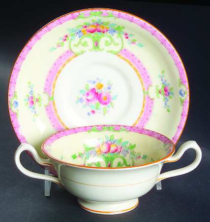 Cordova (Pink Border) Footed Bouillon Cup & Saucer