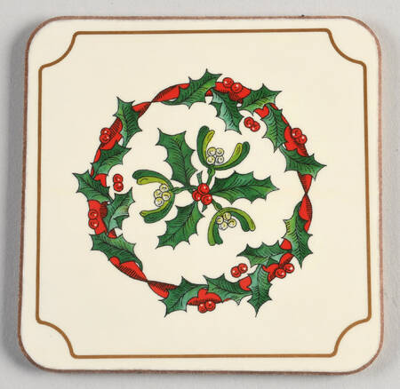 Holly Ribbons Cork Back Square Coaster