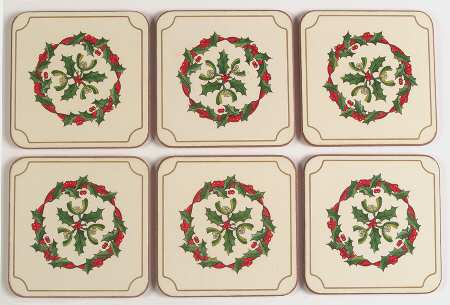 Holly Ribbons Plastic and Cork Coaster Set - 6 Piece
