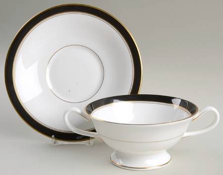 Howard Black (Gold Trim) Footed Cream Soup Bowl & Saucer Set