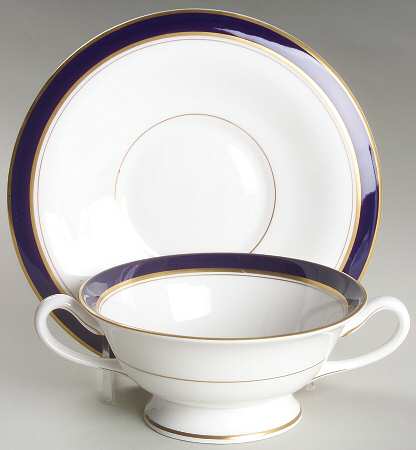 Howard-Cobalt Blue (Gold Trim) Footed Cream Soup Bowl & Saucer Set