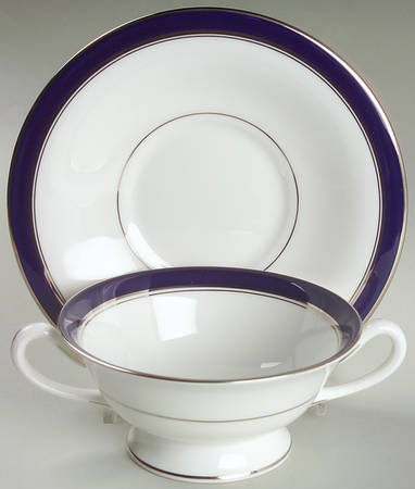Howard Cobalt Blue (Platinum Trim) Footed Cream Soup Bowl & Saucer Set