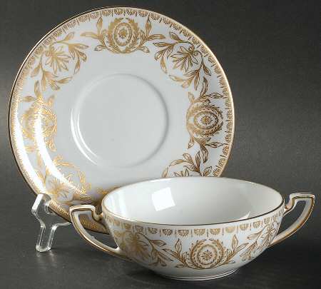 Pompadour Gold and White Flat Cream Soup Bowl & Saucer Set
