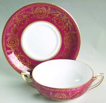 Pompadour Red and Gold Flat Cream Soup Bowl & Saucer Set