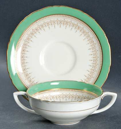 Regency Green and Brown (Older) Flat Cream Soup Bowl & Saucer Set