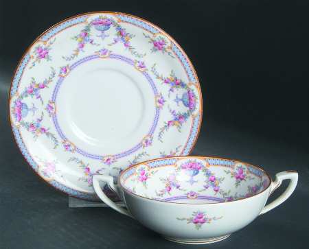 Rosemary Sky Blue White Flat Cream Soup Bowl & Saucer Set