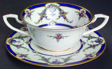 Rosemary Dark Blue White Flat Cream Soup Bowl & Saucer Set