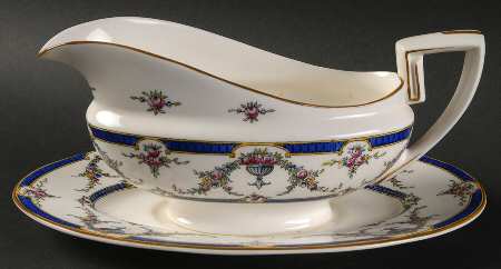 Rosemary Dark Blue White Gravy Boat with Attached Underplate